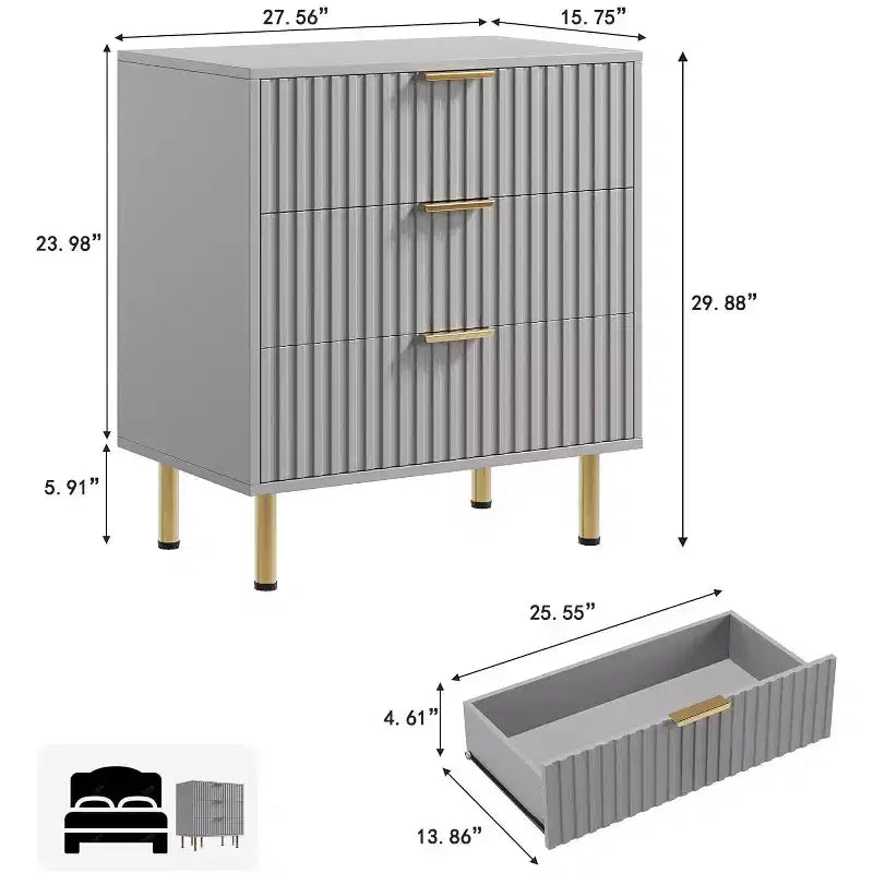 3 Drawer Dresser for Bedroom, Fluted Modern Nightstand with Deep Drawers, Chest of Drawers with Wide Top, Wooden Dresser Organizer, Side Table