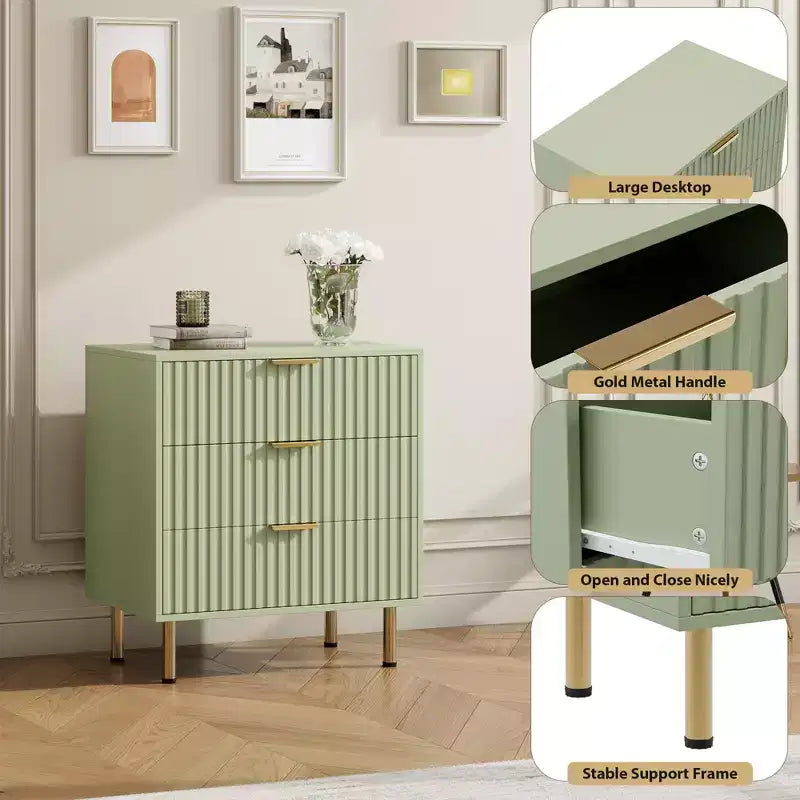 3 Drawer Dresser for Bedroom, Fluted Modern Nightstand with Deep Drawers, Chest of Drawers with Wide Top, Wooden Dresser Organizer, Side Table