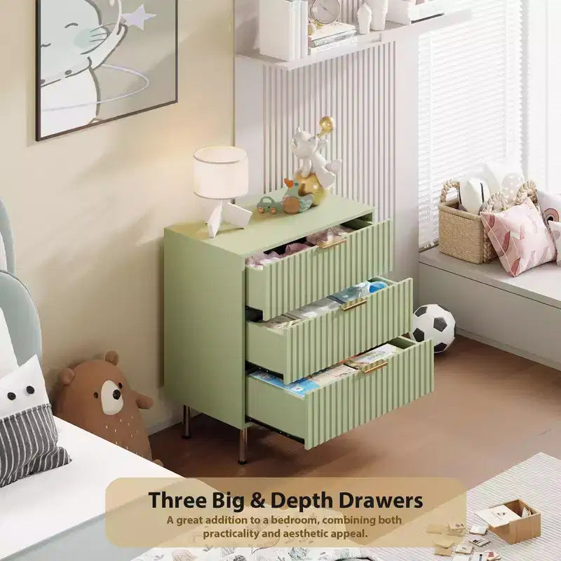 3 Drawer Dresser for Bedroom, Fluted Modern Nightstand with Deep Drawers, Chest of Drawers with Wide Top, Wooden Dresser Organizer, Side Table