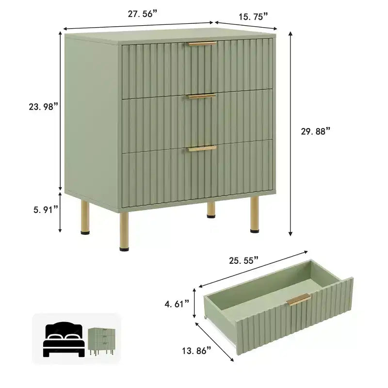 3 Drawer Dresser for Bedroom, Fluted Modern Nightstand with Deep Drawers, Chest of Drawers with Wide Top, Wooden Dresser Organizer, Side Table