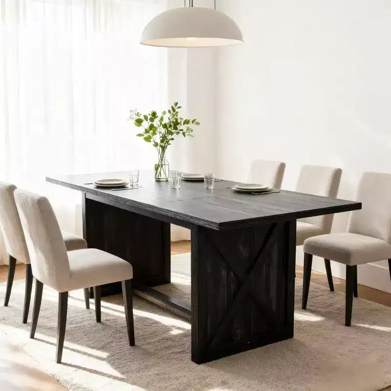 Table de salle à manger rectangulaire avec piètement en X, style industriel rustique pour salle à manger, bois noir