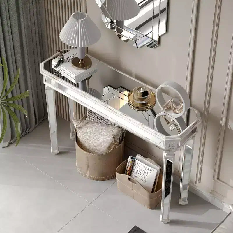 Table console vintage 48 pouces avec motif en bois sculpté, table d'appoint avec surface miroir, table de couloir pour salon, entrée