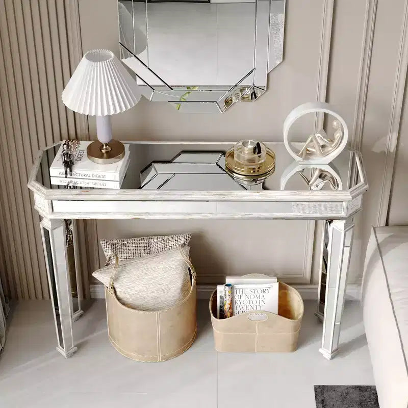 Table console vintage 48 pouces avec motif en bois sculpté, table d'appoint avec surface miroir, table de couloir pour salon, entrée