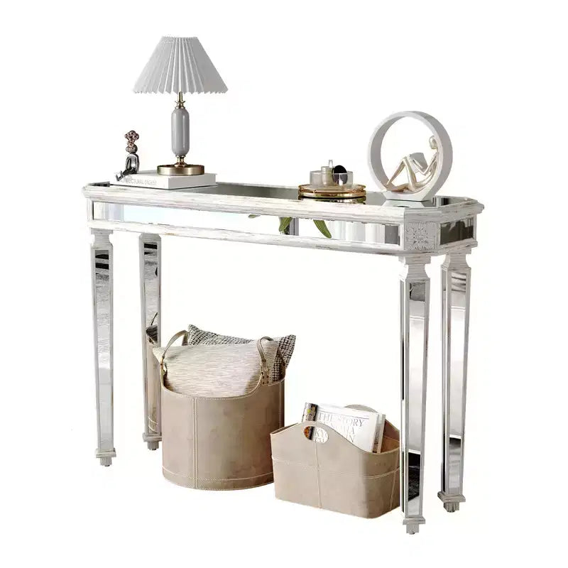 Table console vintage 48 pouces avec motif en bois sculpté, table d'appoint avec surface miroir, table de couloir pour salon, entrée
