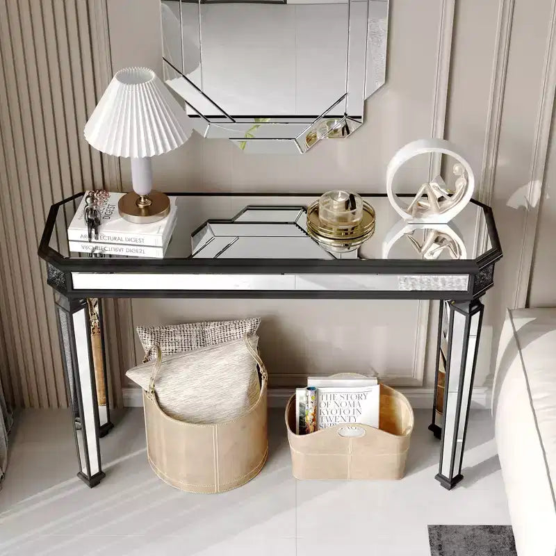 Table console vintage 48 pouces avec motif en bois sculpté, table d'appoint avec surface miroir, table de couloir pour salon, entrée