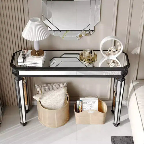 Table console vintage 48 pouces avec motif en bois sculpté, table d'appoint avec surface miroir, table de couloir pour salon, entrée