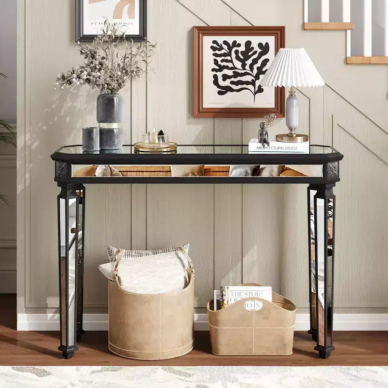 48IN Vintage Console Table with Wood Grain Carving, Accent Table with Mirror Surface, Hallway Table for Living Room, Entryway
