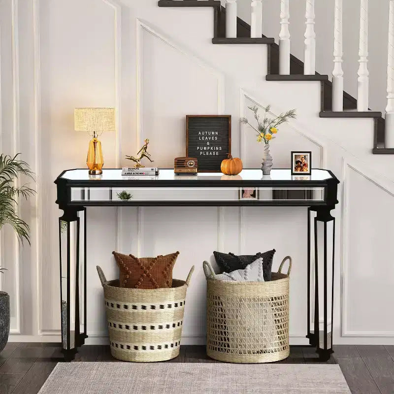 48IN Vintage Console Table with Wood Grain Carving, Accent Table with Mirror Surface, Hallway Table for Living Room, Entryway