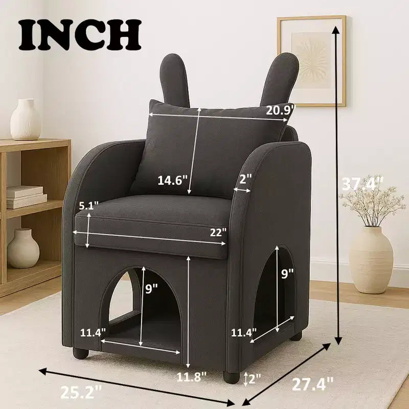 Fauteuil simple et mignon à oreilles de lapin avec cachette intégrée pour chat et chien, chaise de canapé individuelle adaptée aux animaux de compagnie pour chambre, salon