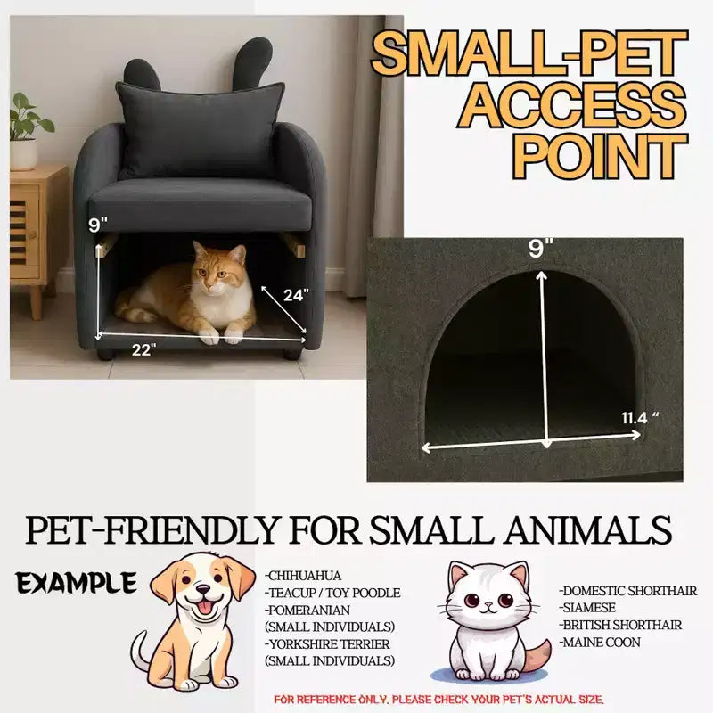 Fauteuil simple et mignon à oreilles de lapin avec cachette intégrée pour chat et chien, chaise de canapé individuelle adaptée aux animaux de compagnie pour chambre, salon