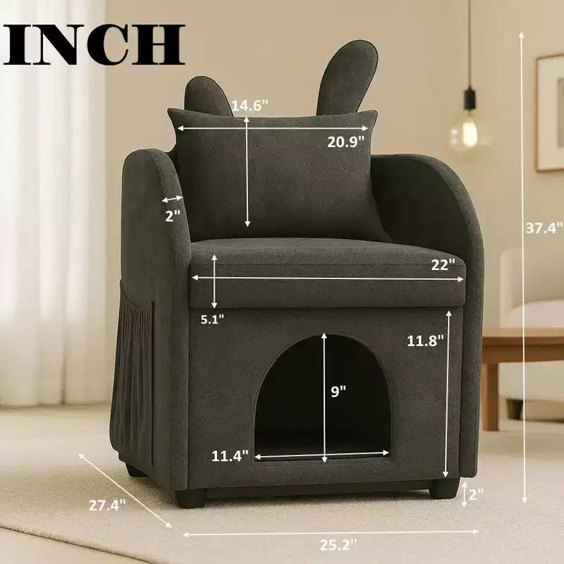 Fauteuil simple et mignon à oreilles de lapin avec cachette intégrée pour chat et chien, chaise de canapé individuelle adaptée aux animaux de compagnie pour chambre, salon