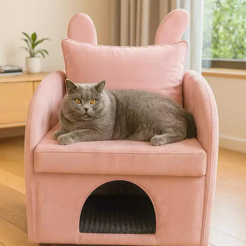 Fauteuil simple et mignon à oreilles de lapin avec cachette intégrée pour chat et chien, chaise de canapé individuelle adaptée aux animaux de compagnie pour chambre, salon