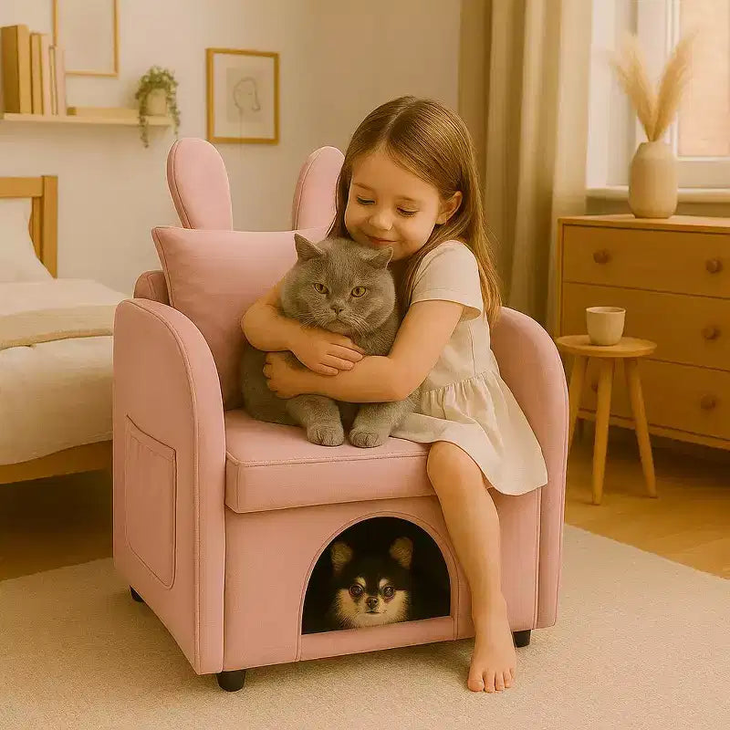 Fauteuil simple et mignon à oreilles de lapin avec cachette intégrée pour chat et chien, chaise de canapé individuelle adaptée aux animaux de compagnie pour chambre, salon