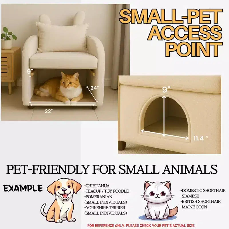 Fauteuil simple et mignon à oreilles de lapin avec cachette intégrée pour chat et chien, chaise de canapé individuelle adaptée aux animaux de compagnie pour chambre, salon