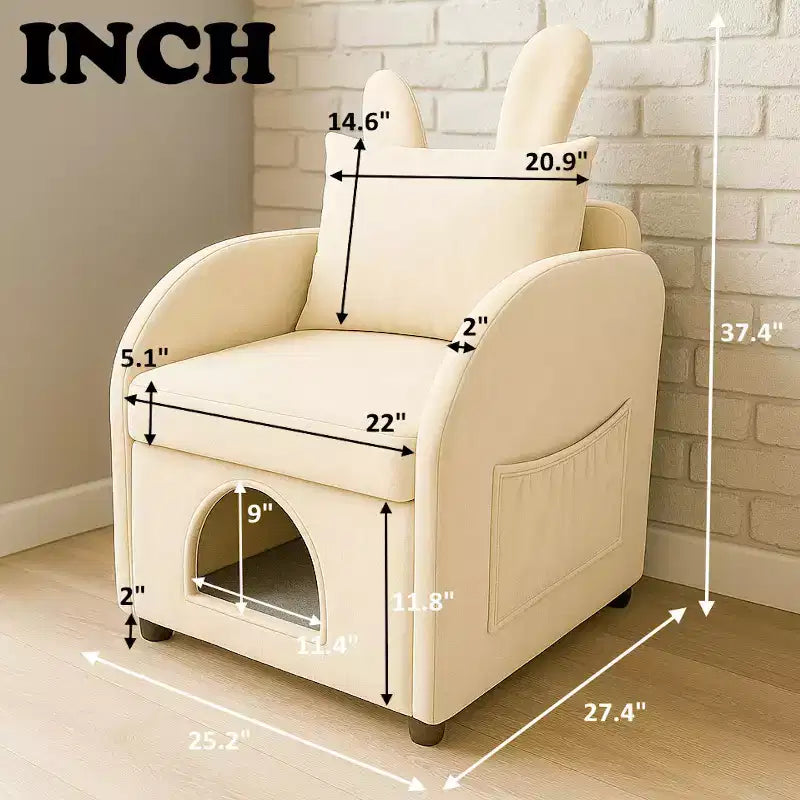 Fauteuil simple et mignon à oreilles de lapin avec cachette intégrée pour chat et chien, chaise de canapé individuelle adaptée aux animaux de compagnie pour chambre, salon