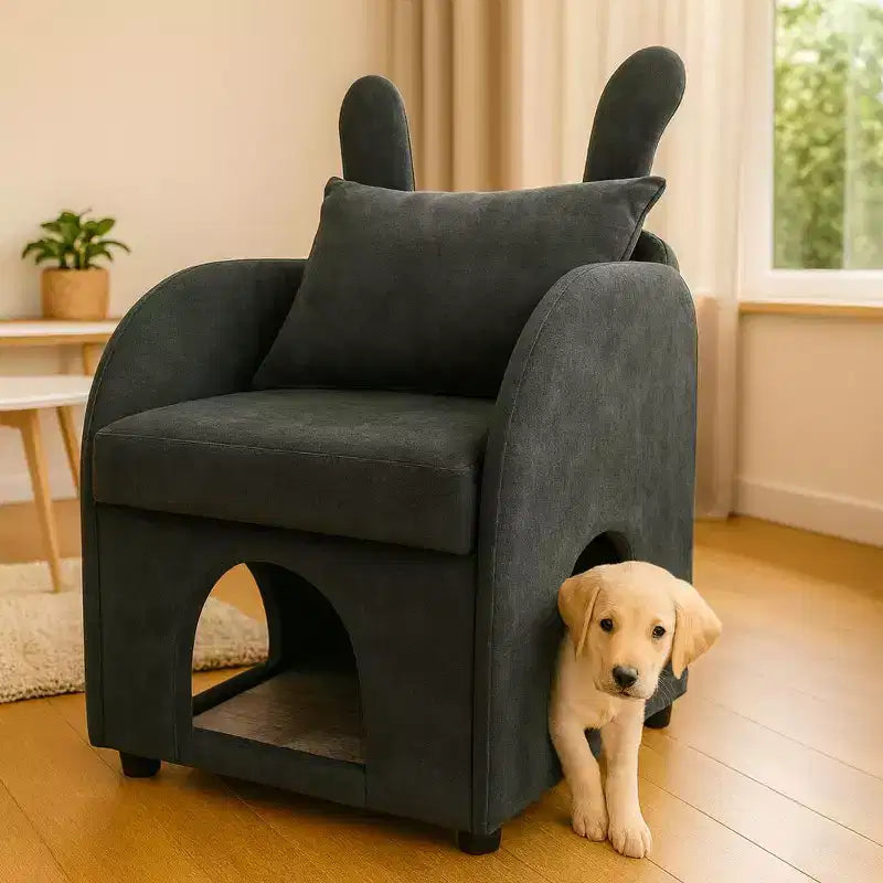 Fauteuil simple et mignon à oreilles de lapin avec cachette intégrée pour chat et chien, chaise de canapé individuelle adaptée aux animaux de compagnie pour chambre, salon