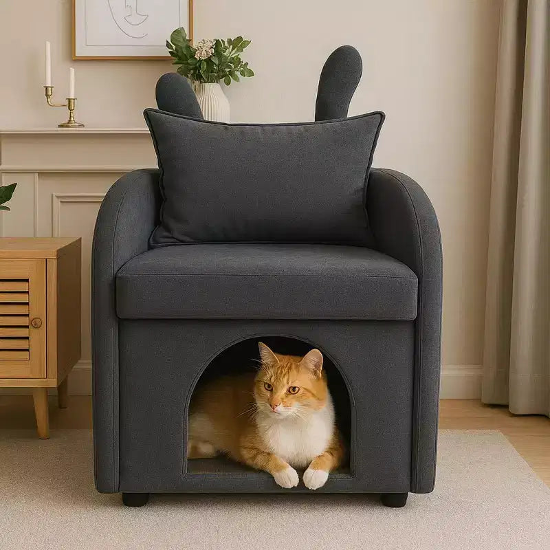 Fauteuil simple et mignon à oreilles de lapin avec cachette intégrée pour chat et chien, chaise de canapé individuelle adaptée aux animaux de compagnie pour chambre, salon