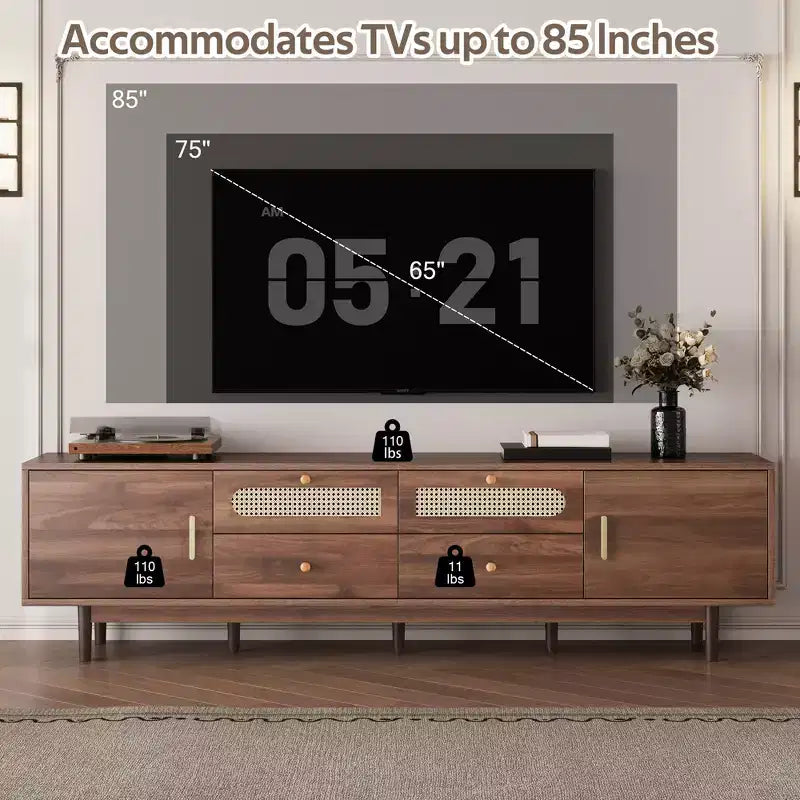 Meuble TV pour téléviseurs jusqu'à 85", Meuble TV de style ferme Console média Meuble TV avec tiroirs, Marron