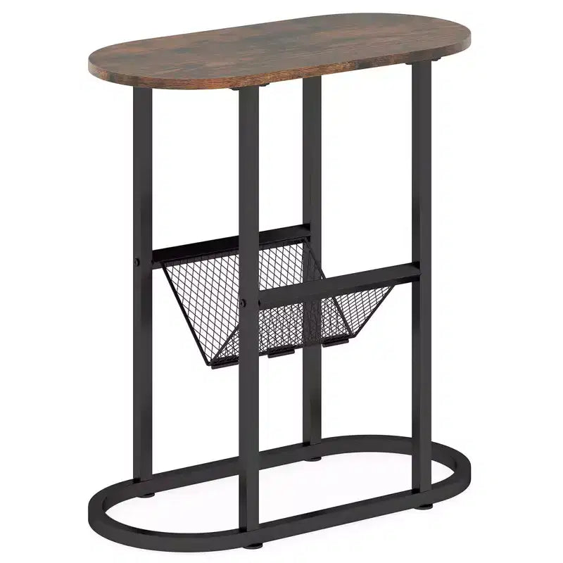 Table d'appoint avec plateau en faux marbre et porte-revues, cadre en métal robuste, marron/blanc
