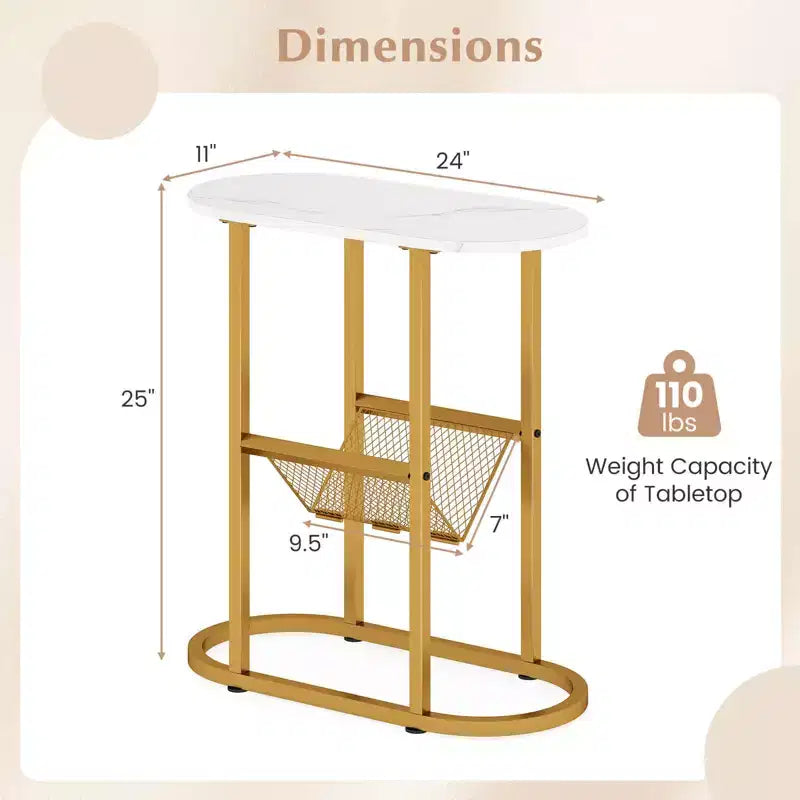 Table d'appoint avec plateau en faux marbre et porte-revues, cadre en métal robuste, marron/blanc