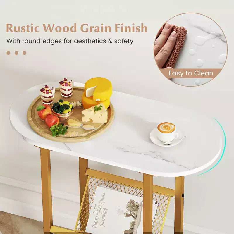 Table d'appoint avec plateau en faux marbre et porte-revues, cadre en métal robuste, marron/blanc