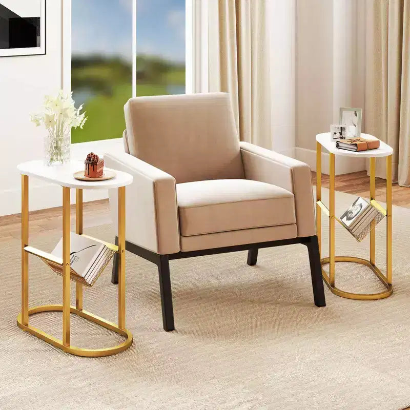 Table d'appoint avec plateau en faux marbre et porte-revues, cadre en métal robuste, marron/blanc