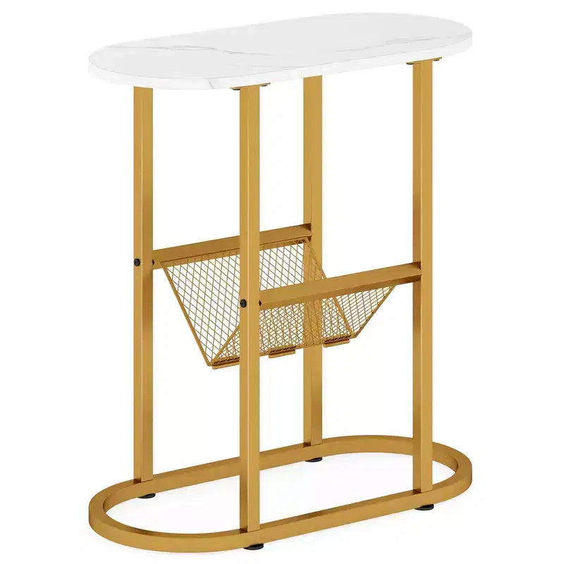 Table d'appoint avec plateau en faux marbre et porte-revues, cadre en métal robuste, marron/blanc
