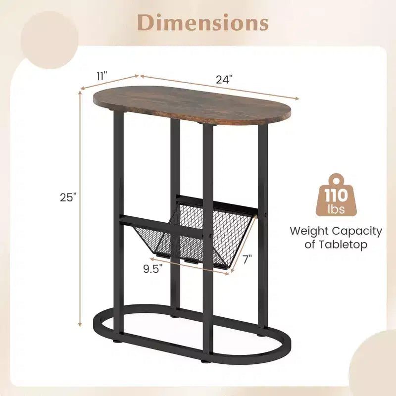 Table d'appoint avec plateau en faux marbre et porte-revues, cadre en métal robuste, marron/blanc