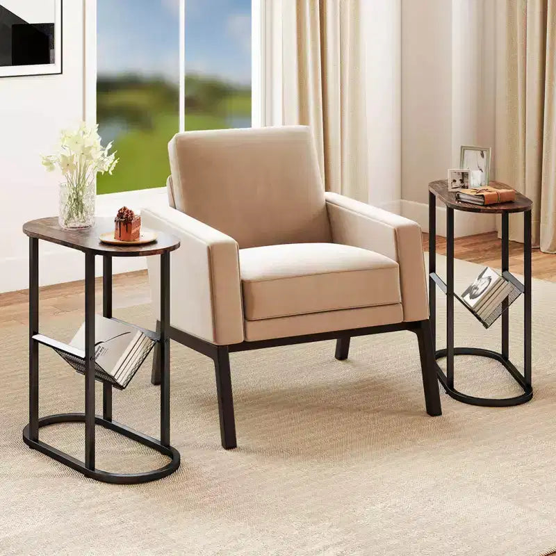 End Table with Faux Marble Tabletop & Magazine Holder, Heavy-duty Metal Frame, Brown/White