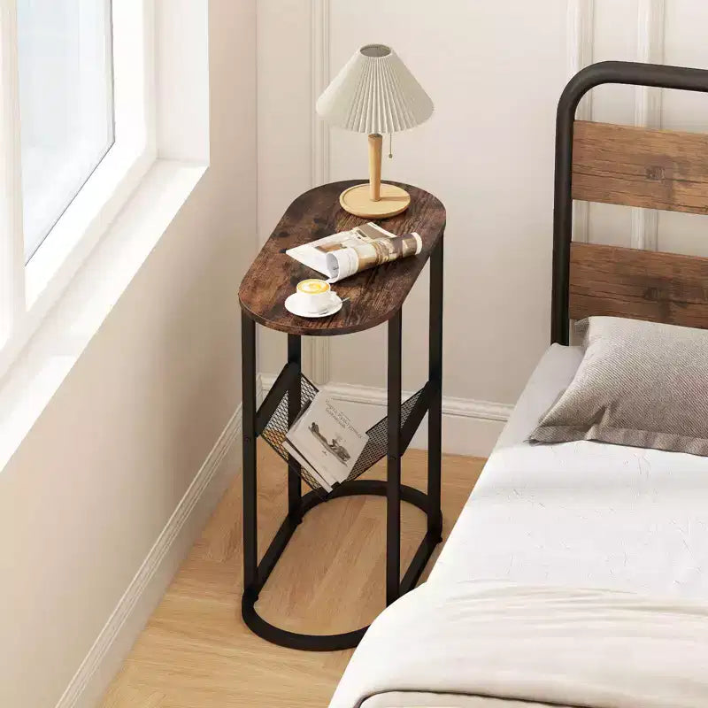 End Table with Faux Marble Tabletop & Magazine Holder, Heavy-duty Metal Frame, Brown/White