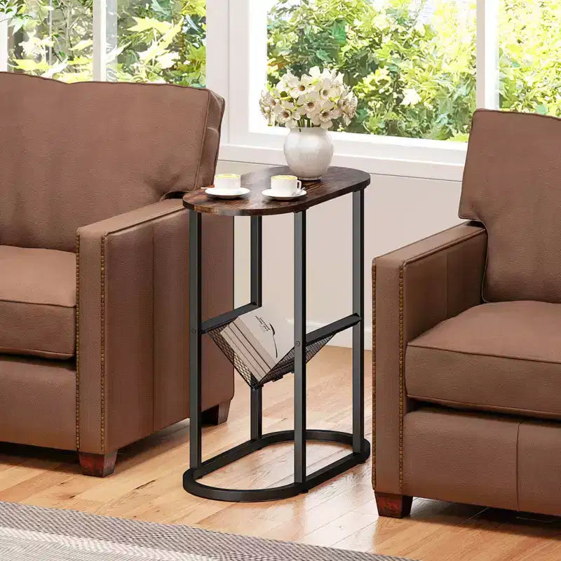 End Table with Faux Marble Tabletop & Magazine Holder, Heavy-duty Metal Frame, Brown/White