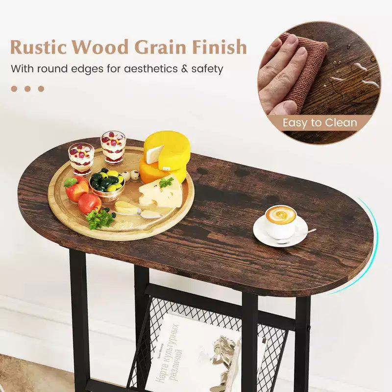 Table d'appoint avec plateau en faux marbre et porte-revues, cadre en métal robuste, marron/blanc