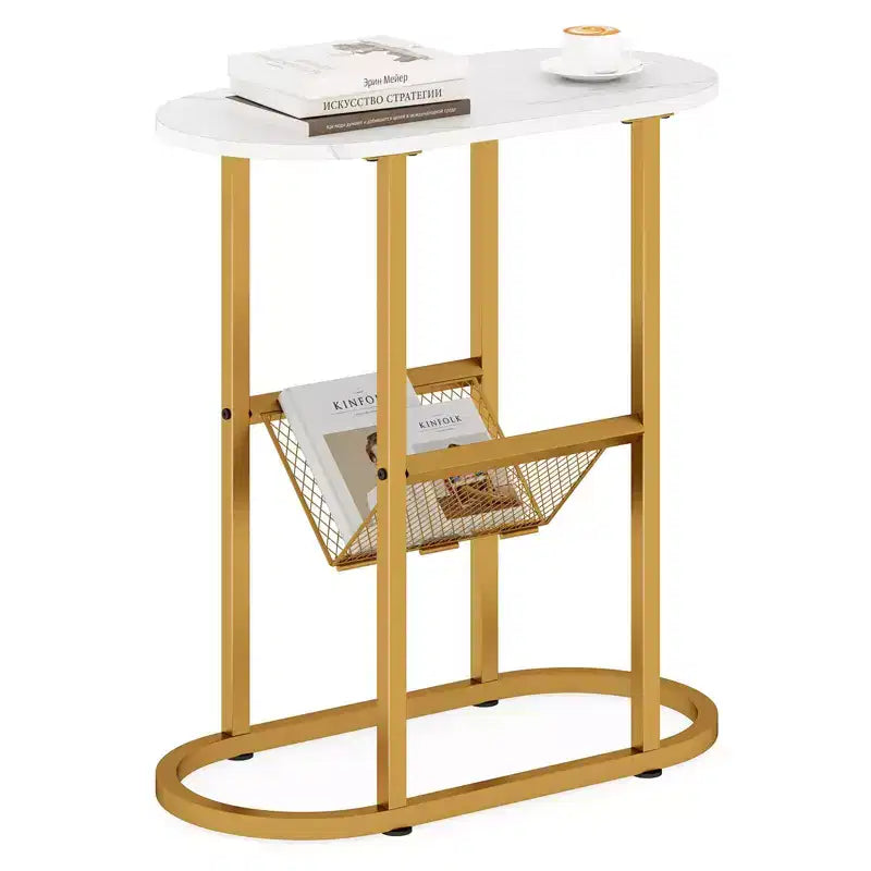 End Table with Faux Marble Tabletop & Magazine Holder, Heavy-duty Metal Frame, Brown/White