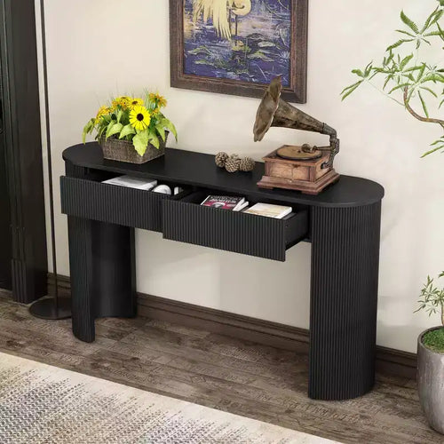 Console moderne de 137 cm avec design cannelé, table d'entrée avec 2 tiroirs de rangement et plateau ovale, table d'appoint pour couloir, salon, noire