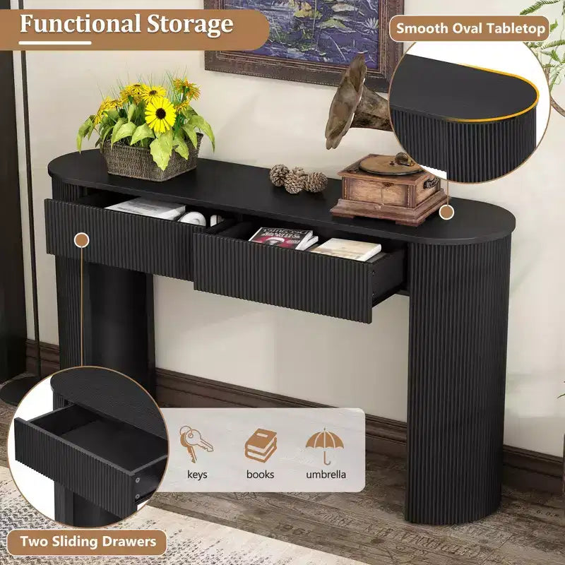 54IN Modern Console Table with Fluted Design, Entryway Table with 2 Storage Drawers and Oval Top, Accent Table for Hallway, Living Room, Black