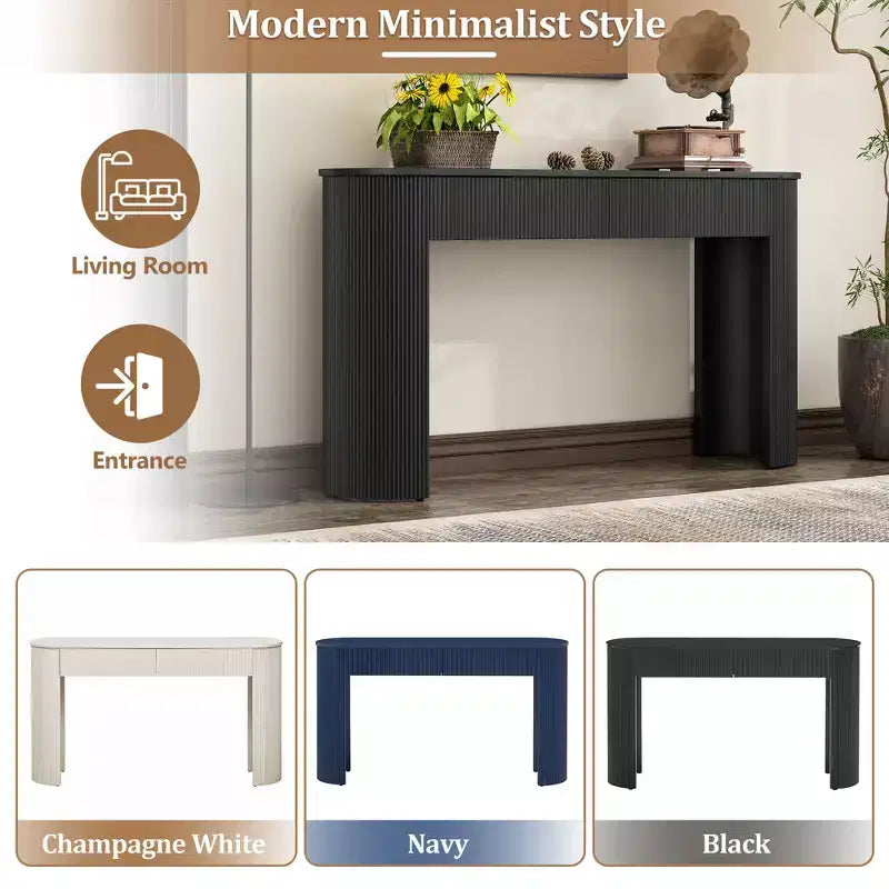54IN Modern Console Table with Fluted Design, Entryway Table with 2 Storage Drawers and Oval Top, Accent Table for Hallway, Living Room, Black