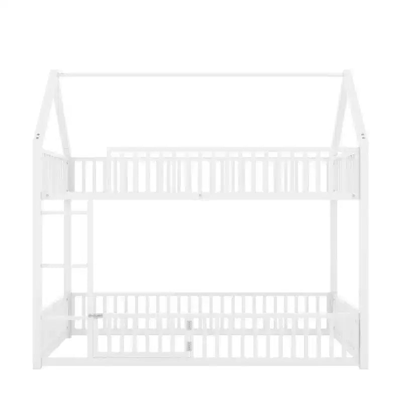 78IN Twin-Over-Twin Size Metal Bunk Bed, Bed Frames with Fence, Door and Safety Guardrail, Kids Bunk Beds for Kids Room, Bedroom, White