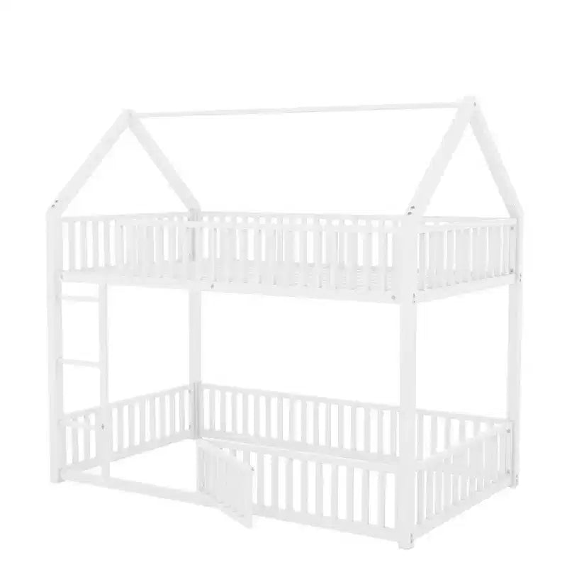 78IN Twin-Over-Twin Size Metal Bunk Bed, Bed Frames with Fence, Door and Safety Guardrail, Kids Bunk Beds for Kids Room, Bedroom, White