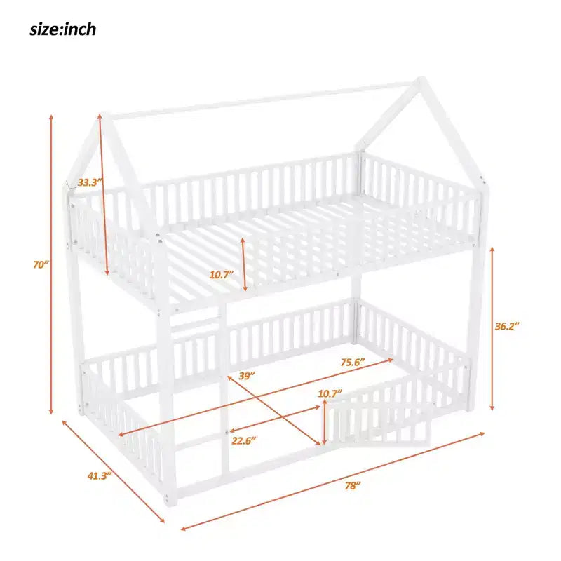 78IN Twin-Over-Twin Size Metal Bunk Bed, Bed Frames with Fence, Door and Safety Guardrail, Kids Bunk Beds for Kids Room, Bedroom, White