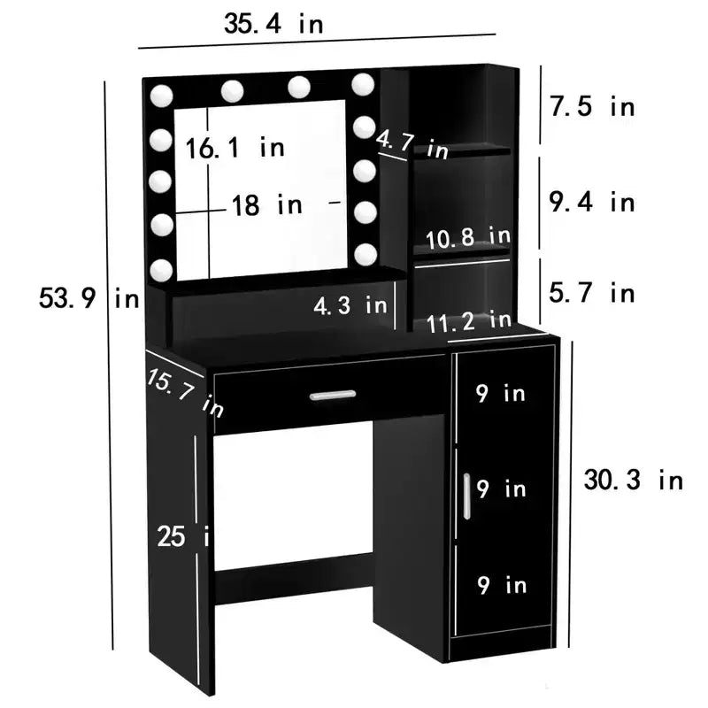 Coiffeuse moderne avec miroir et lumières LED réglables, grande table de maquillage avec rangement à trois niveaux, pour chambres à coucher