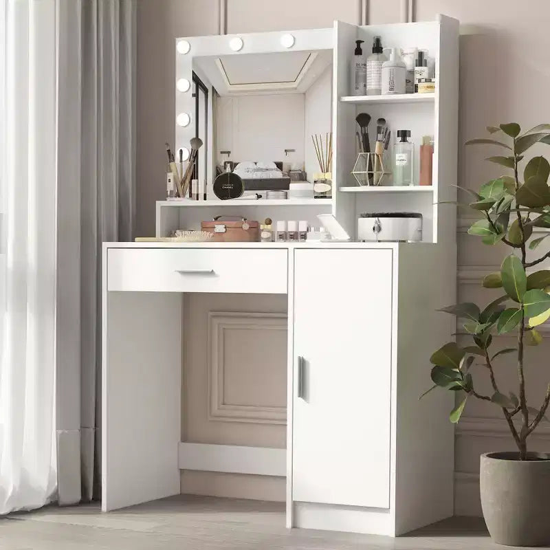 Coiffeuse moderne avec miroir et lumières LED réglables, grande table de maquillage avec rangement à trois niveaux, pour chambres à coucher