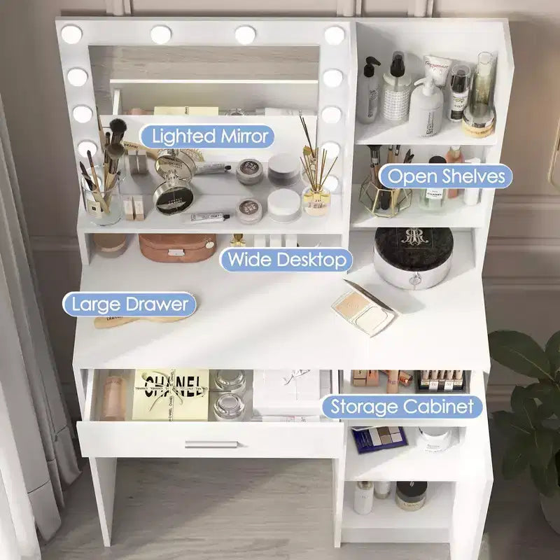 Coiffeuse moderne avec miroir et lumières LED réglables, grande table de maquillage avec rangement à trois niveaux, pour chambres à coucher