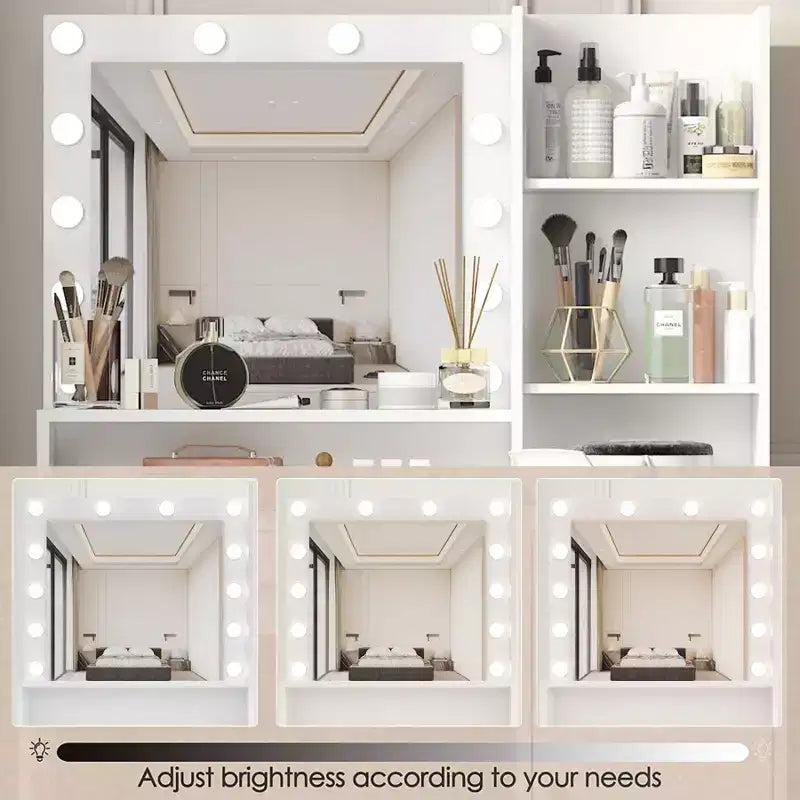 Coiffeuse moderne avec miroir et lumières LED réglables, grande table de maquillage avec rangement à trois niveaux, pour chambres à coucher