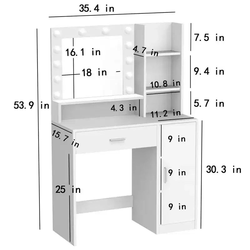 Coiffeuse moderne avec miroir et lumières LED réglables, grande table de maquillage avec rangement à trois niveaux, pour chambres à coucher
