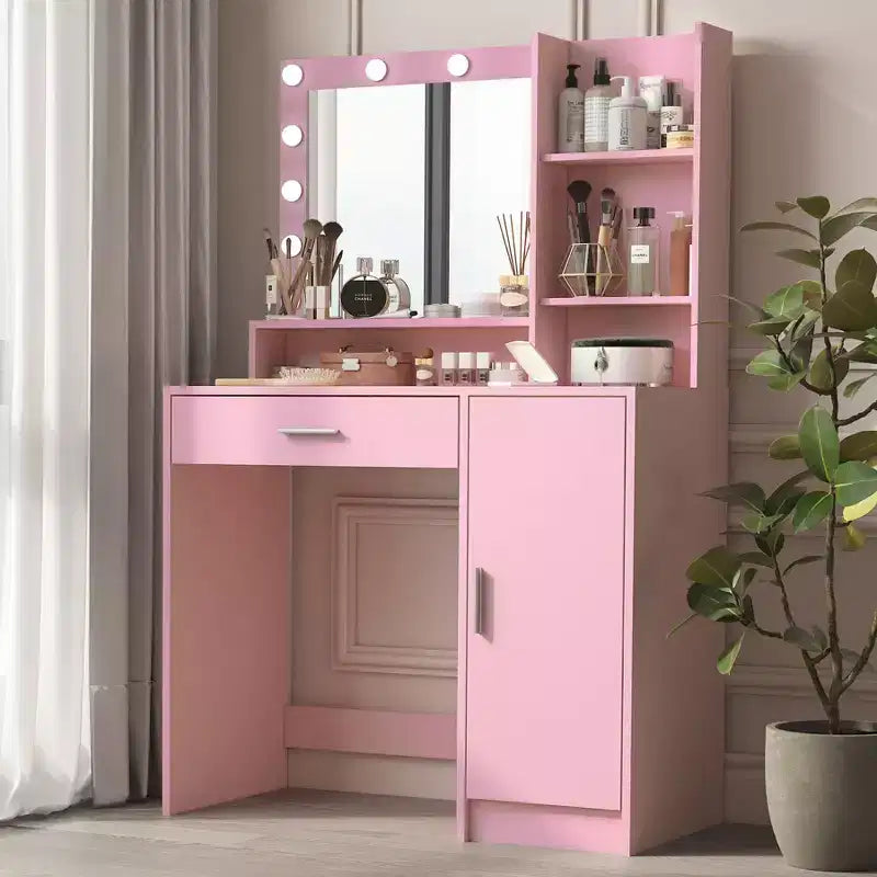 Coiffeuse moderne avec miroir et lumières LED réglables, grande table de maquillage avec rangement à trois niveaux, pour chambres à coucher
