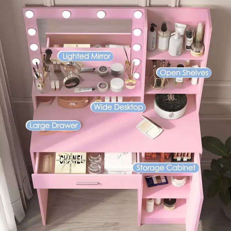 Coiffeuse moderne avec miroir et lumières LED réglables, grande table de maquillage avec rangement à trois niveaux, pour chambres à coucher