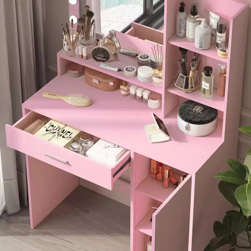 Coiffeuse moderne avec miroir et lumières LED réglables, grande table de maquillage avec rangement à trois niveaux, pour chambres à coucher