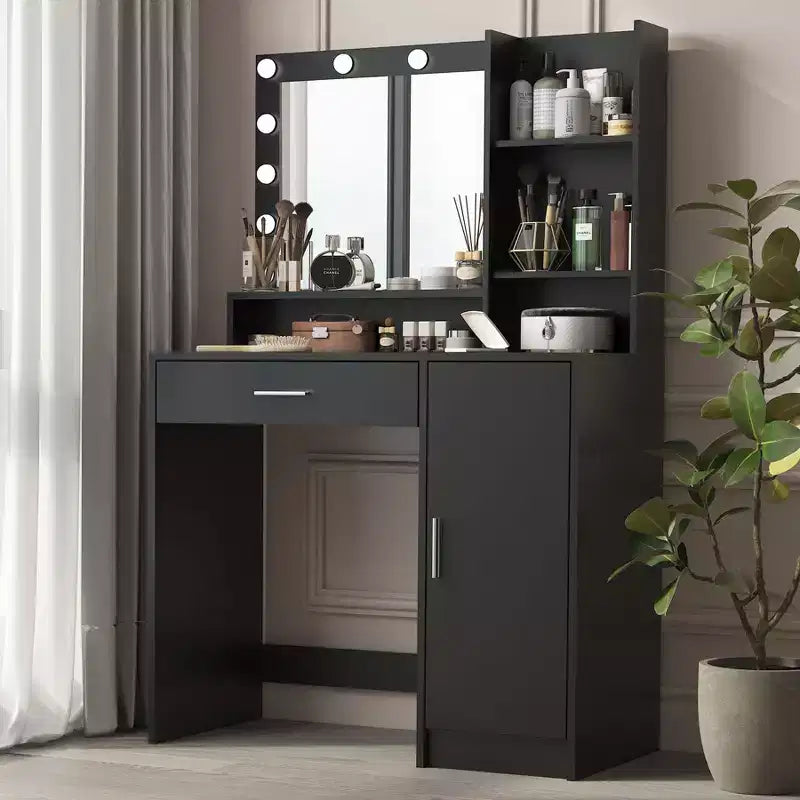 Coiffeuse moderne avec miroir et lumières LED réglables, grande table de maquillage avec rangement à trois niveaux, pour chambres à coucher