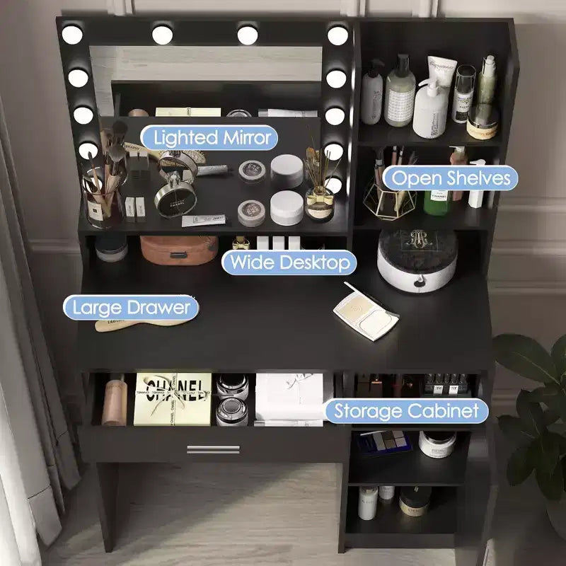 Coiffeuse moderne avec miroir et lumières LED réglables, grande table de maquillage avec rangement à trois niveaux, pour chambres à coucher