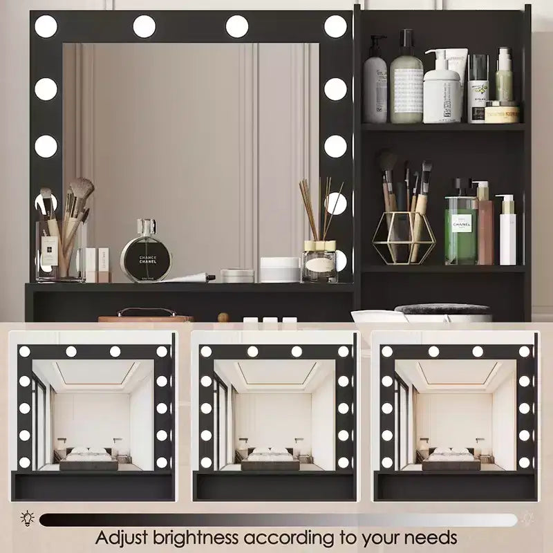 Coiffeuse moderne avec miroir et lumières LED réglables, grande table de maquillage avec rangement à trois niveaux, pour chambres à coucher